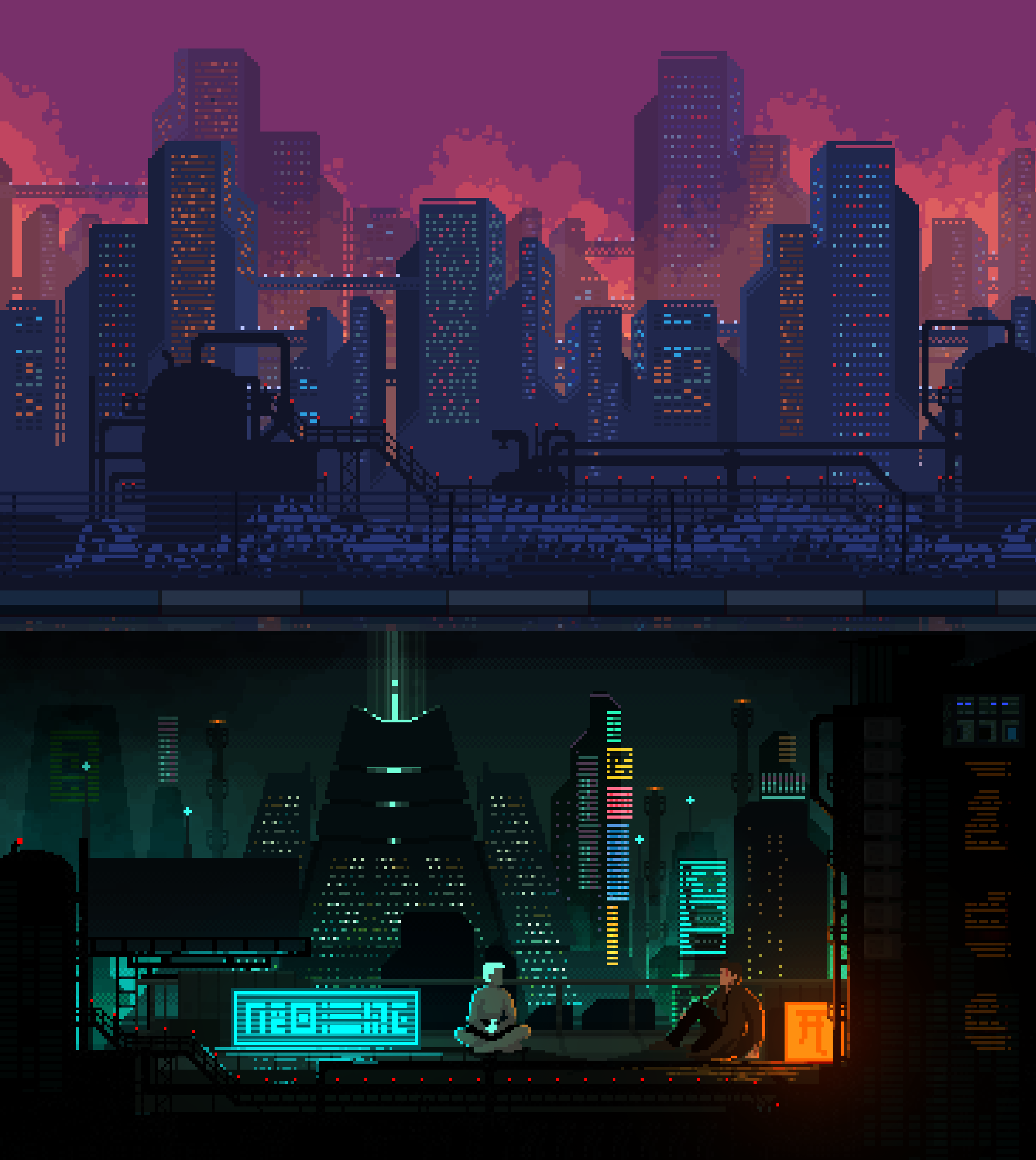 I will create pixel art illustrations, Backgrounds and animated scenes
